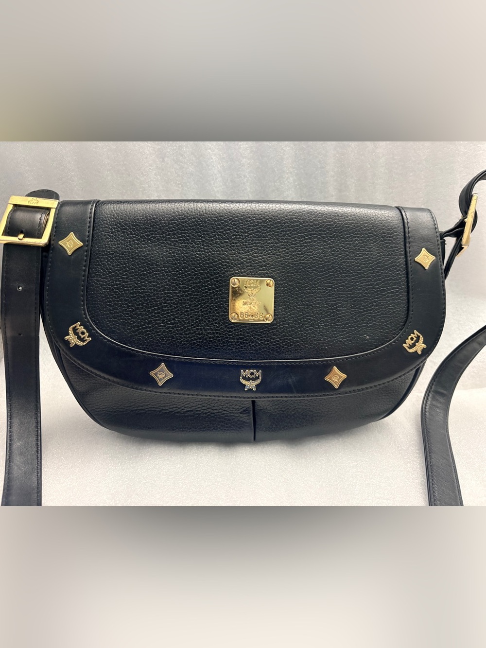 Vintage MCM München Black Pebbled Leather Gold Stud Shoulder Bag